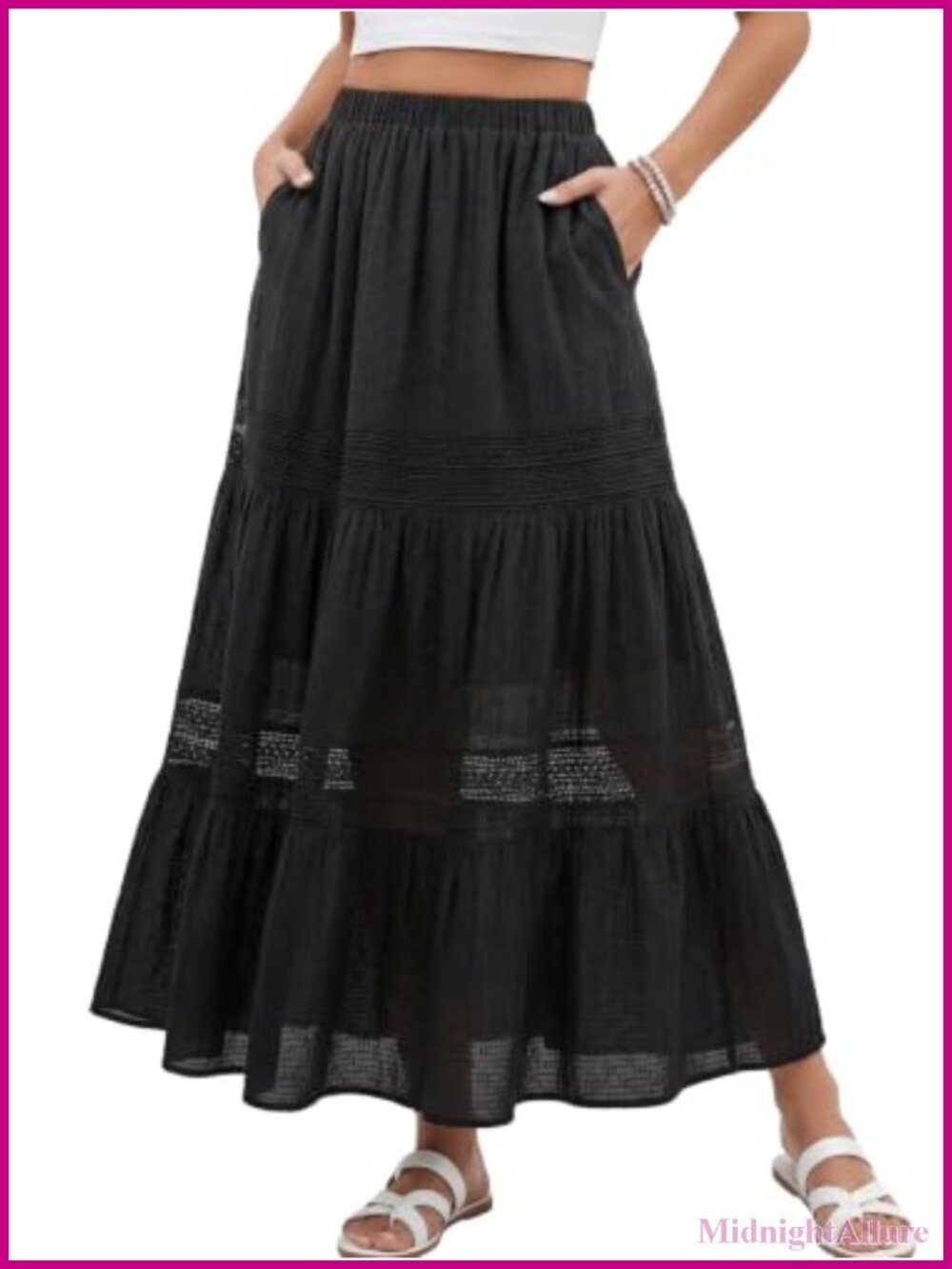 High Waisted A-Line Maxi Skirt with Pockets Tiered Boho Long Cotton Skirt